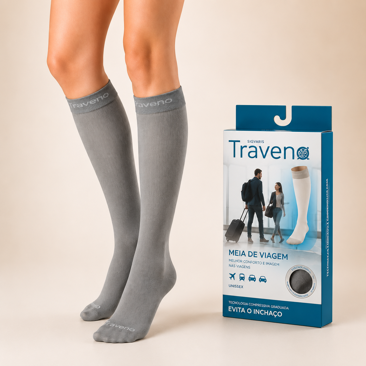 Meia Sigvaris para Viagem, Traveno, 3/4 Panturrilha - Cinza
