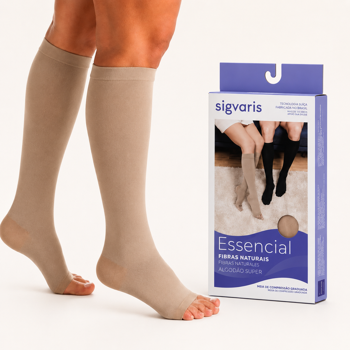 Meia Sigvaris Algodão Super, 20-30 mmHg, 3/4 Panturrilha Cor: Bege